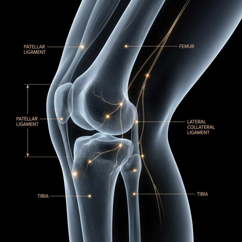 X-ray of the hip and pelvis with diagnostic markers along the nerves