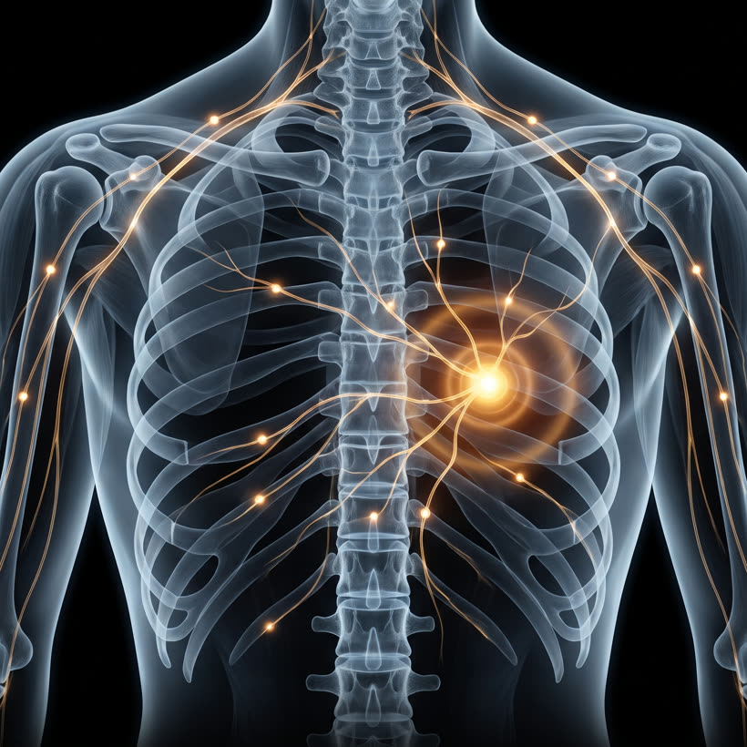 X-ray of a muscle with the root-cause point glowing where nerves converge