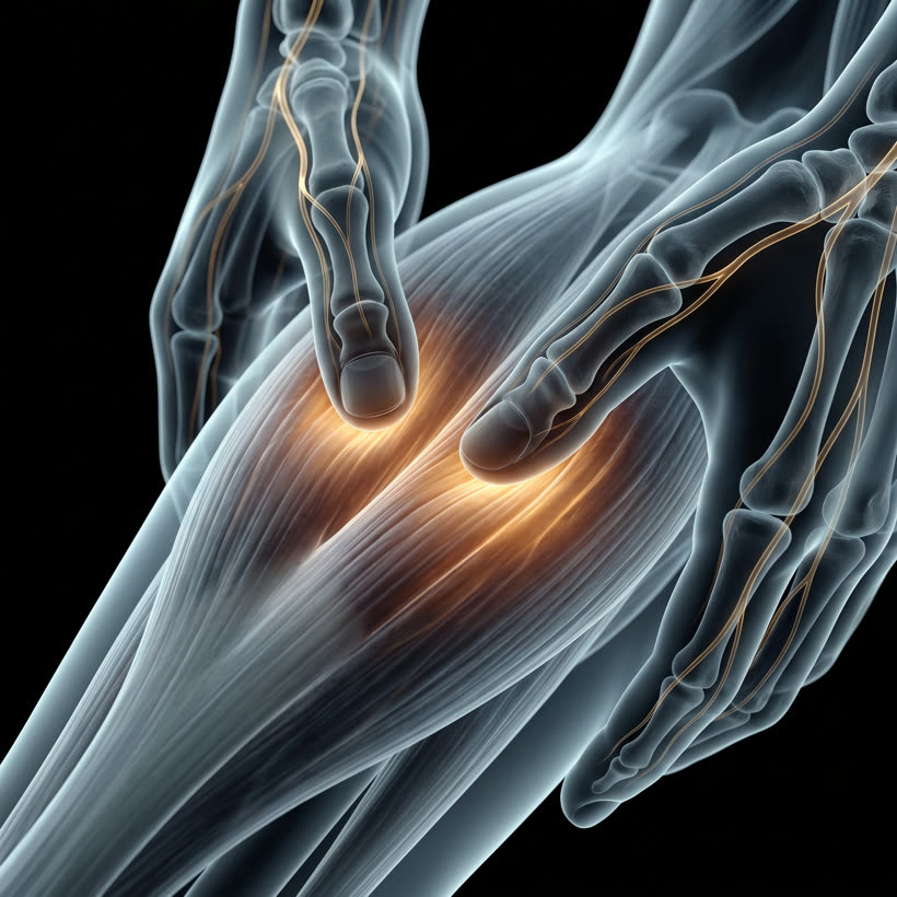 X-ray of two hands performing deep soft-tissue treatment on a muscle