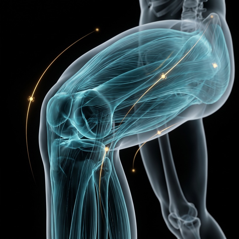 X-ray style anatomical render of an orthopaedic assessment, translucent teal-blue joint and gold diagnostic arcs on black