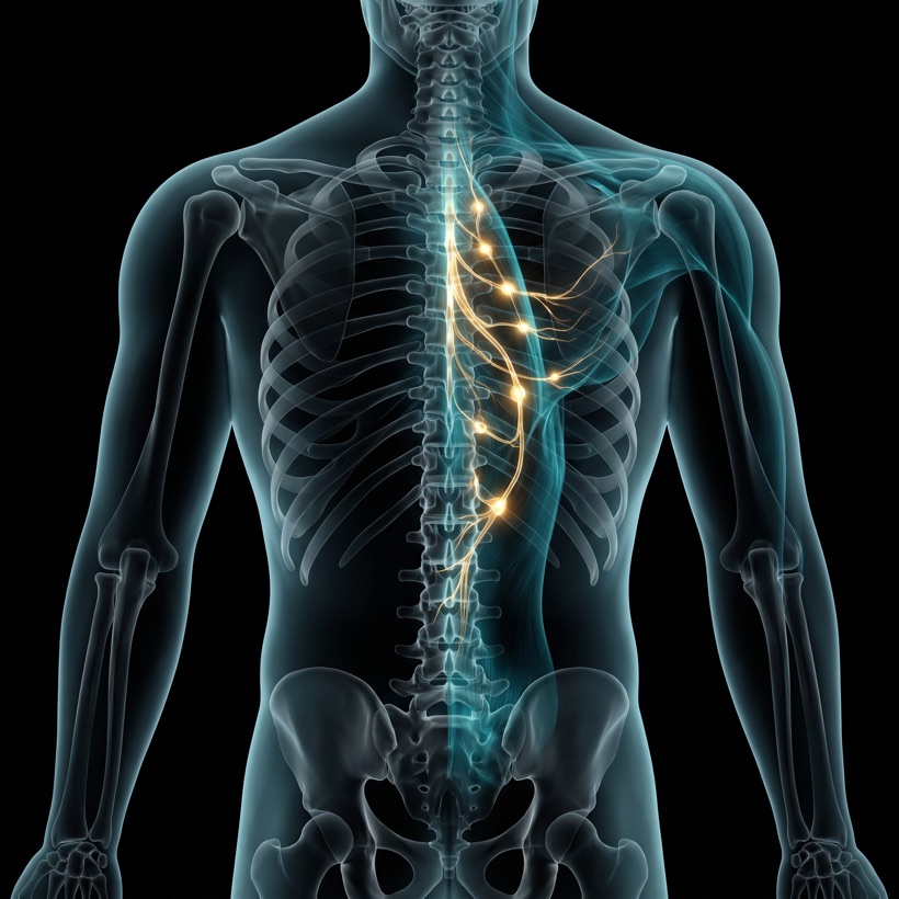 X-ray style anatomical render of one illuminated muscle and nerve pathway along the spine, teal-blue and gold on black