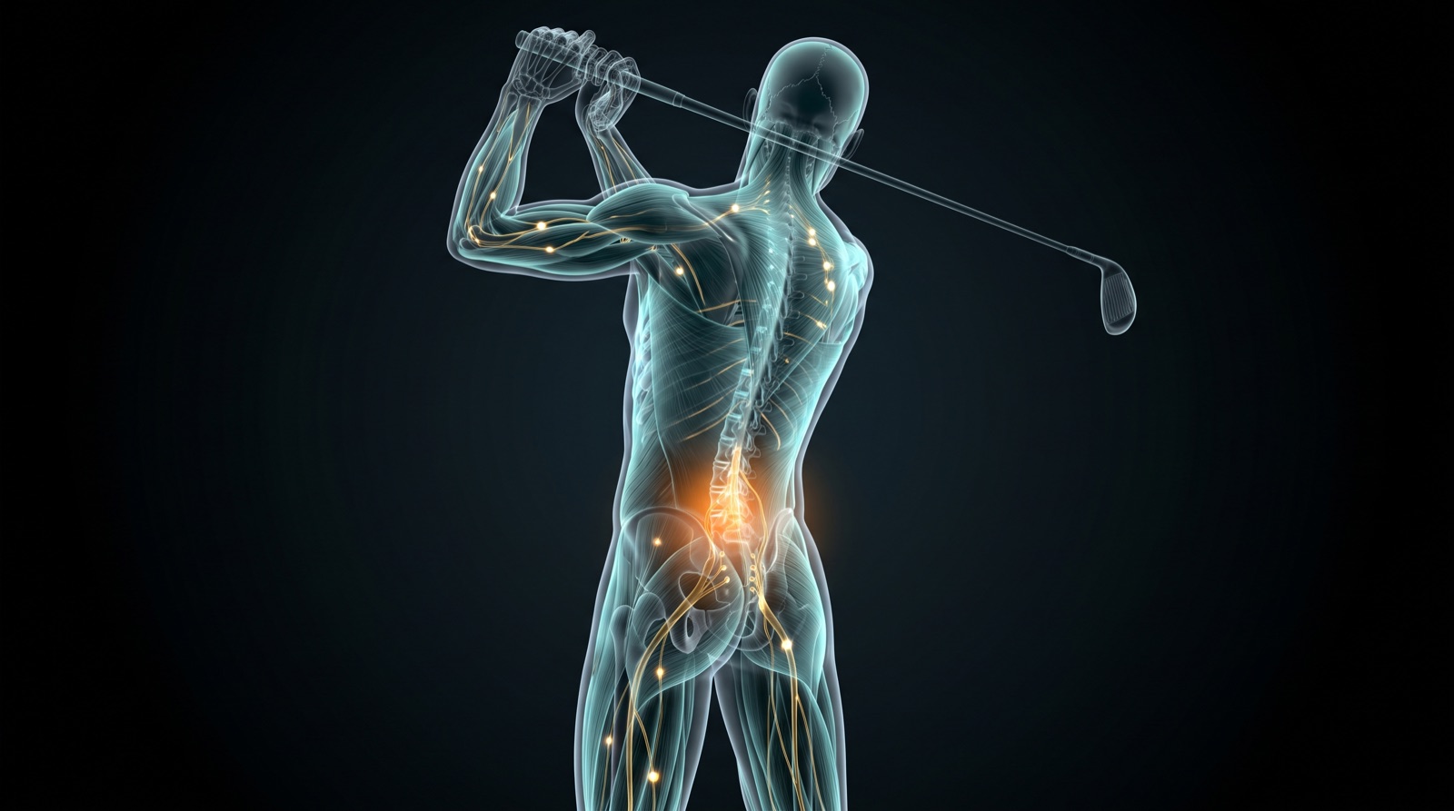 Translucent x-ray anatomical figure mid golf swing, teal-blue musculature and gold nerve pathways with a warm glow at the lower back and hips, on a black background