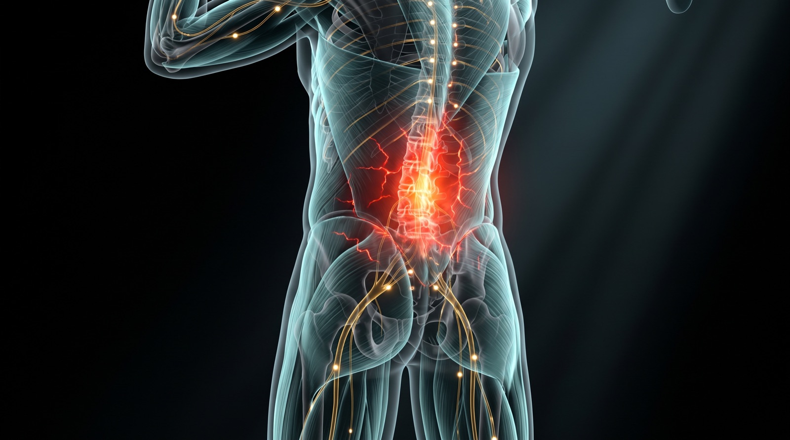 Translucent x-ray anatomical figure from behind with the lower back and lumbar region glowing an inflamed red, teal-blue muscle and gold nerves on a black background