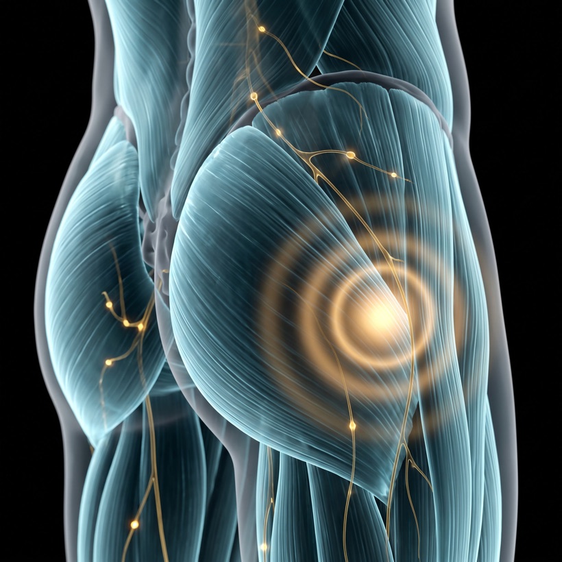 X-ray style anatomical render of deep soft tissue release, a warm gold glow easing through translucent teal-blue muscle on black