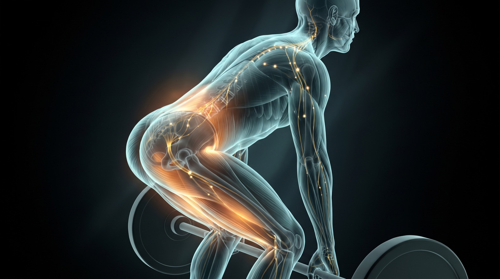 Translucent x-ray anatomical figure performing a barbell deadlift, teal-blue musculature and gold nerves with a warm amber glow through the lower back and hips, on a black background