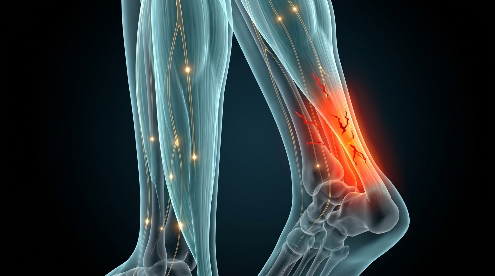 X-ray style anatomical render of the achilles tendon with an inflamed red glow at the back of the ankle, teal-blue tissue and gold nerves on black