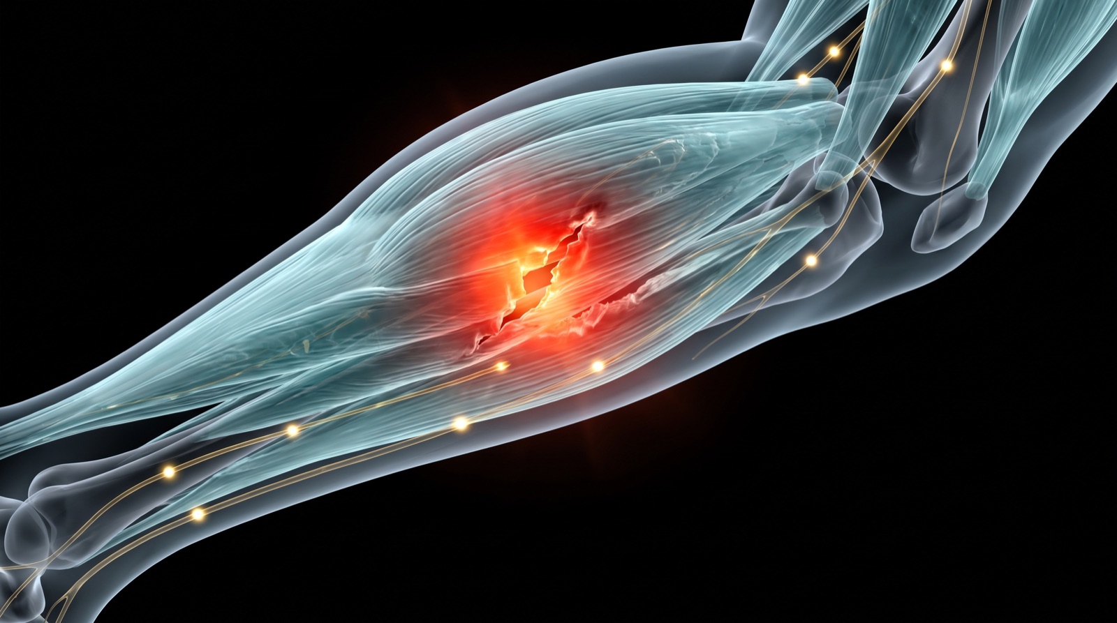 X-ray style anatomical render of the calf muscle with an inflamed red tear glowing through the fibres, teal-blue tissue and gold nerves on black