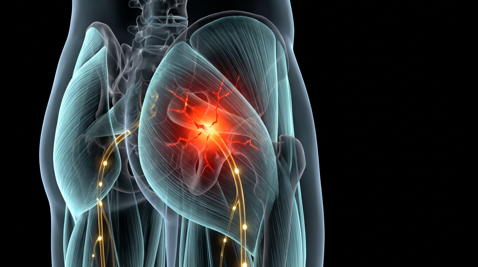 X-ray style anatomical render of the hip and glute with an inflamed red glow deep in the gluteal muscle, teal-blue tissue and gold nerves on black
