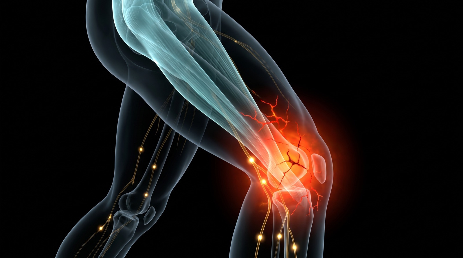 X-ray style anatomical render of the outer thigh and outer knee with an inflamed red glow along the IT band, teal-blue tissue and gold nerves on black