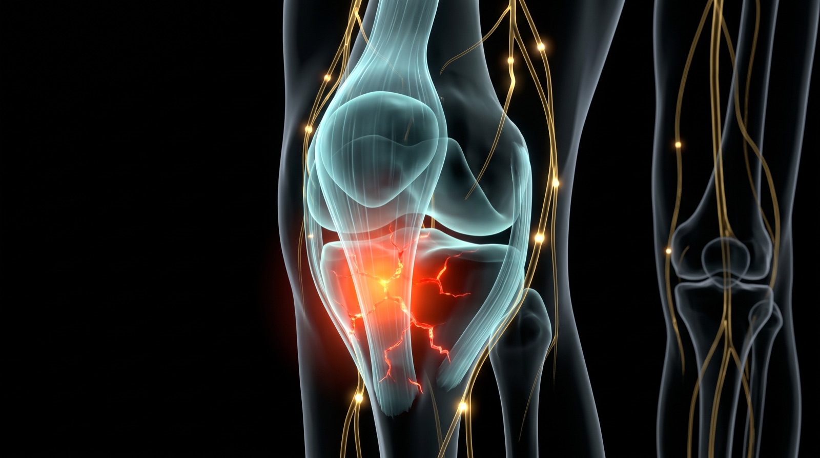 X-ray style anatomical render of the front of the knee with an inflamed red glow below the kneecap, teal-blue tissue and gold nerves on black