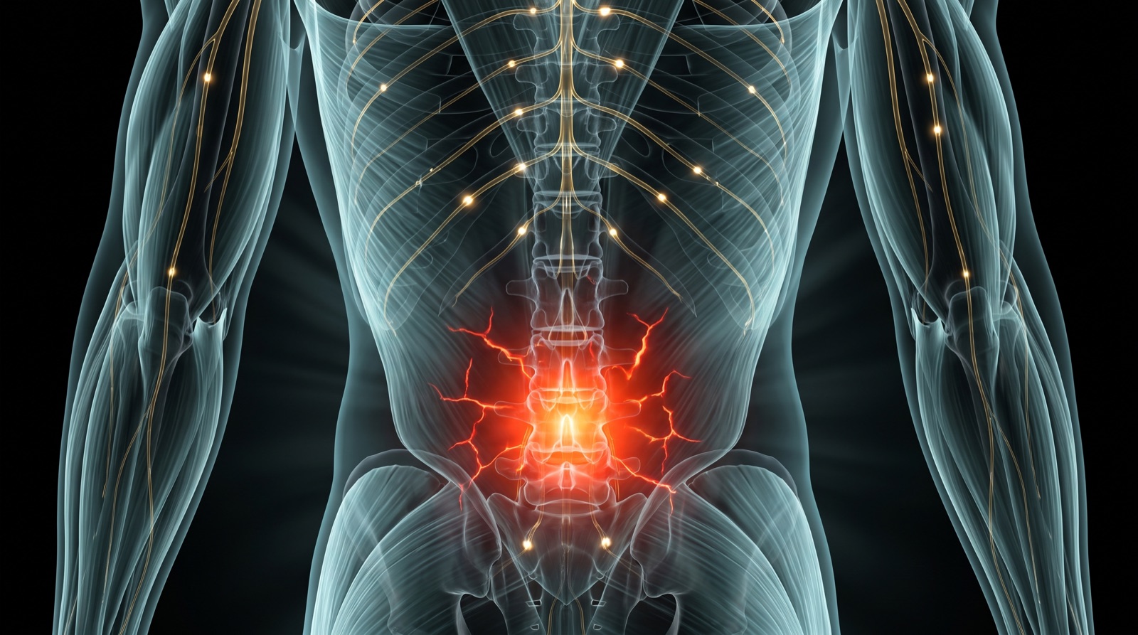 X-ray style anatomical render of the lower back with an inflamed red glow at the lumbar spine, teal-blue tissue and gold nerves on black