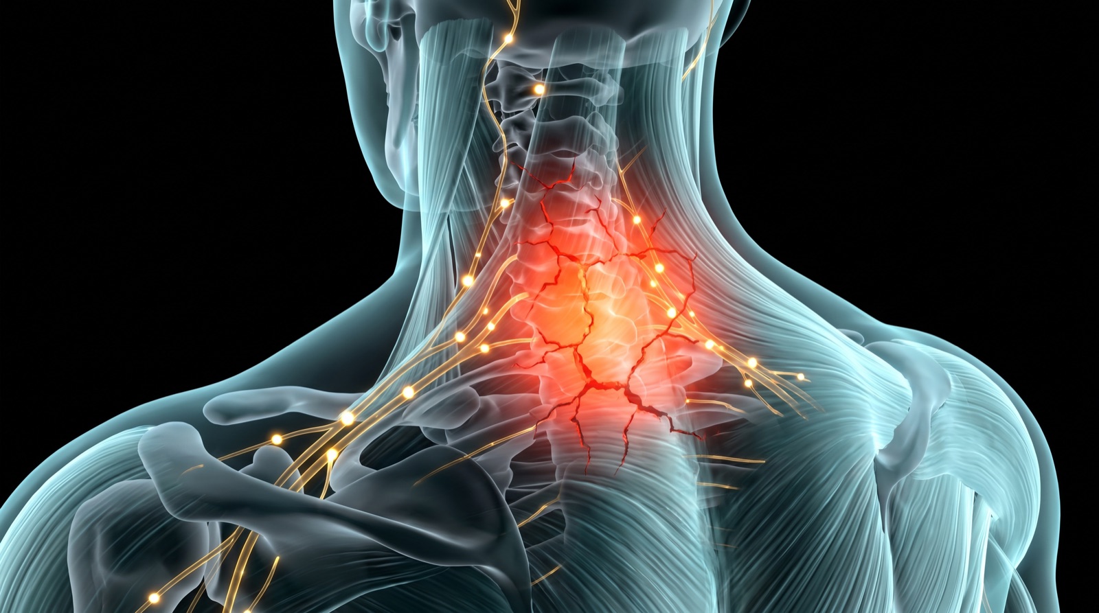 X-ray style anatomical render of the neck and upper trapezius with an inflamed red glow, teal-blue tissue and gold nerves on black