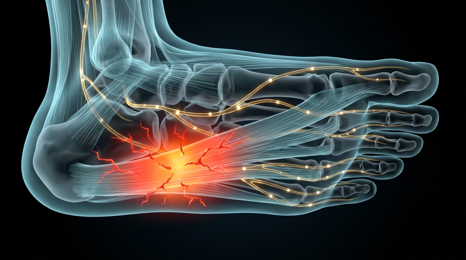 X-ray style anatomical render of the foot arch and heel with an inflamed red glow along the plantar fascia, teal-blue tissue and gold nerves on black