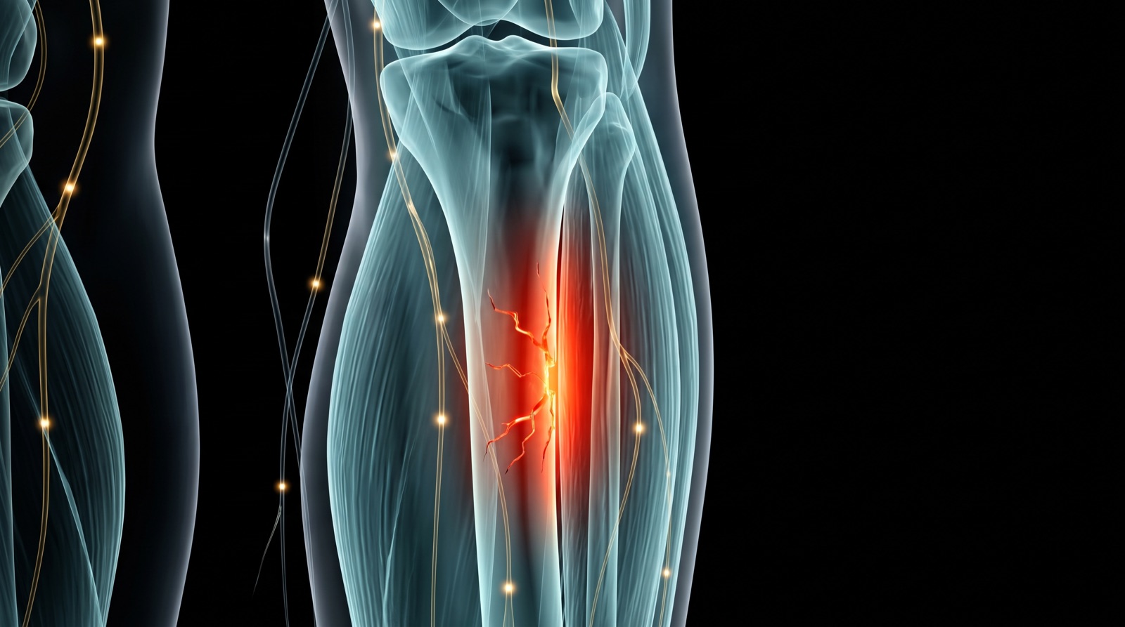 X-ray style anatomical render of the shin with an inflamed red glow along the tibia, teal-blue tissue and gold nerves on black