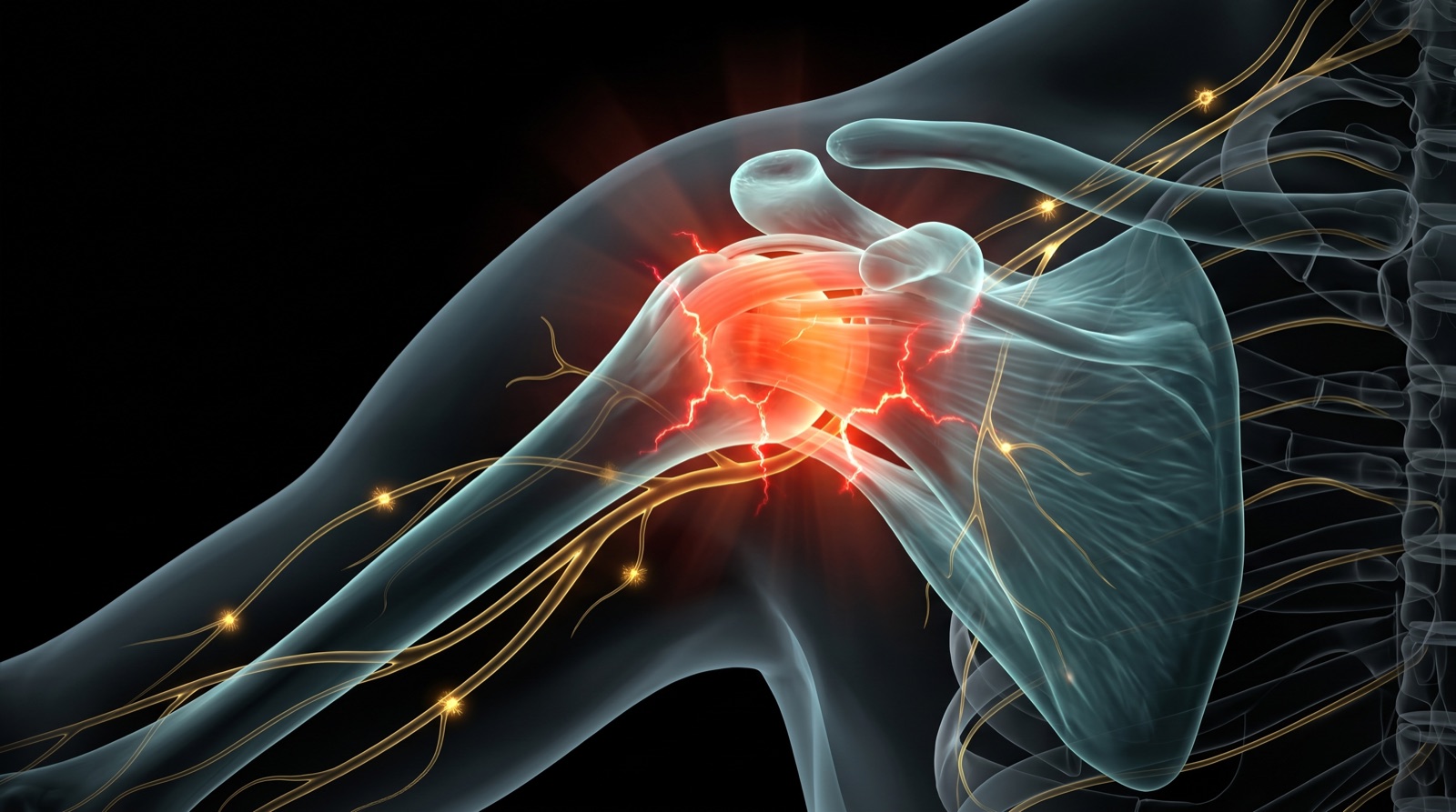 X-ray style anatomical render of the shoulder and rotator cuff with an inflamed red glow, teal-blue tissue and gold nerves on black