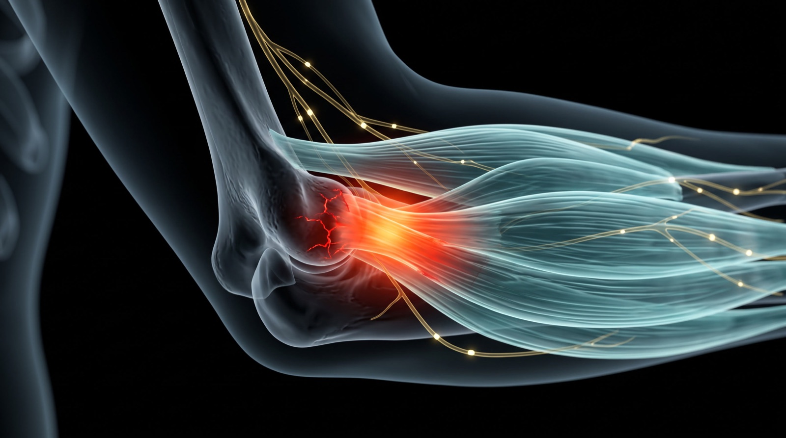 X-ray style anatomical render of the outer elbow with an inflamed red glow at the tendon attachment, teal-blue tissue and gold nerves on black
