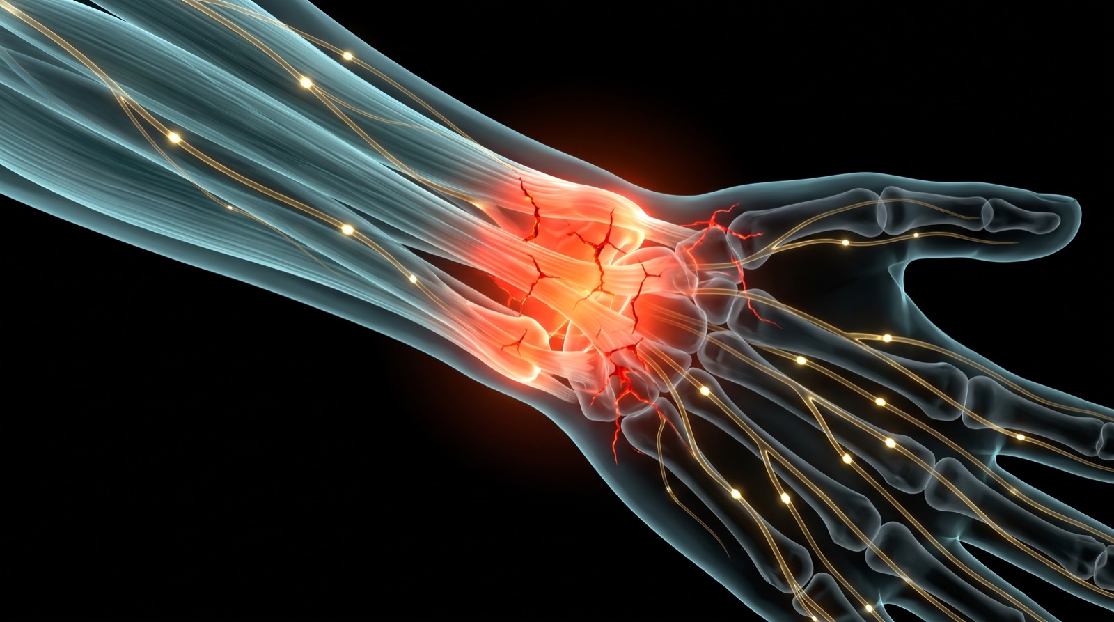 X-ray style anatomical render of the wrist and forearm with an inflamed red glow, teal-blue tissue and gold nerves on black