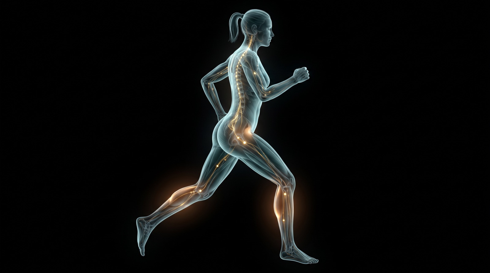Translucent x-ray anatomical figure running mid-stride, teal-blue musculature and gold nerves with a warm amber glow through the calves and hips, on a black background